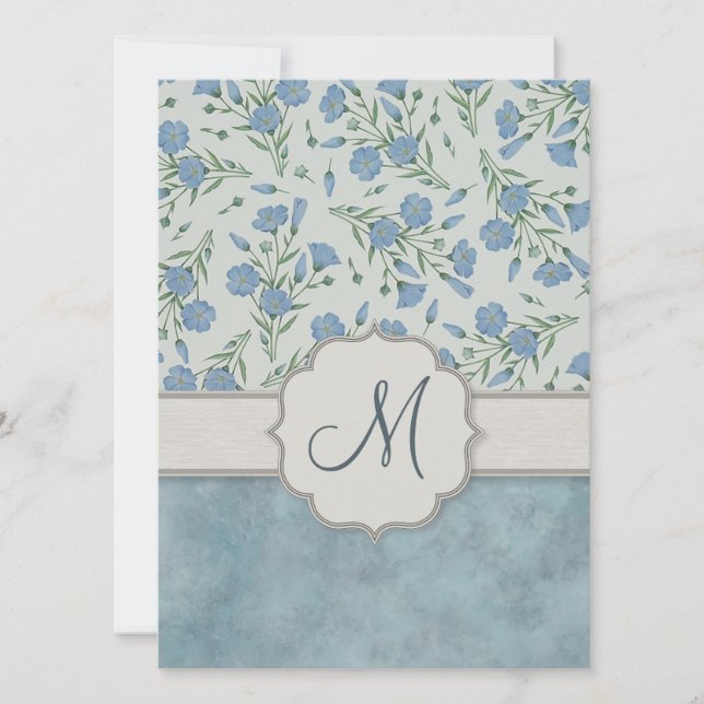 Blue Forget-Me-Not Floral and Marble with Monogram Invitation (Front)