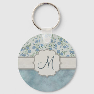 Blue Forget-Me-Not Floral and Marble with Monogram Key Ring