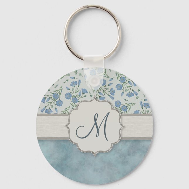 Blue Forget-Me-Not Floral and Marble with Monogram Key Ring (Front)