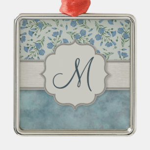 Blue Forget-Me-Not Floral and Marble with Monogram Metal Ornament
