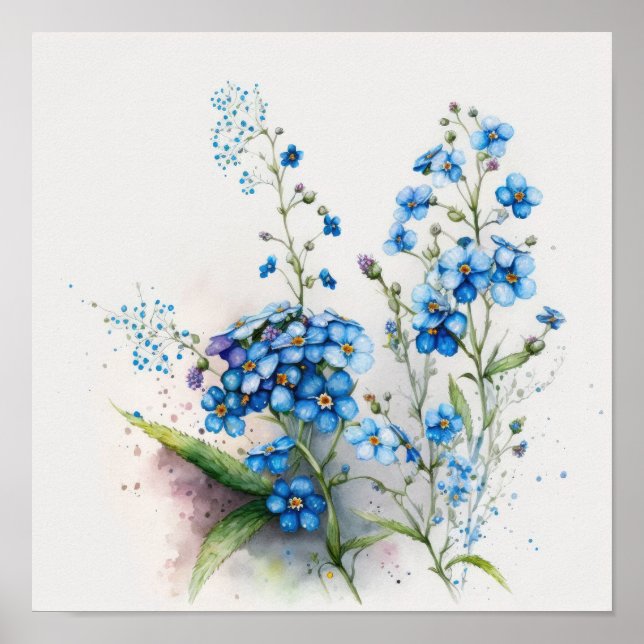 Blue Forget Me Nots Flower Art Print Poster (Front)
