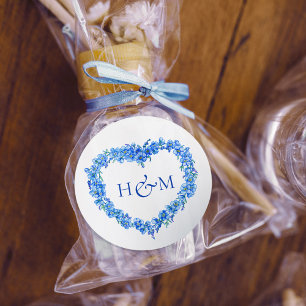 Blue forget me nots inked art wedding monogram classic round sticker