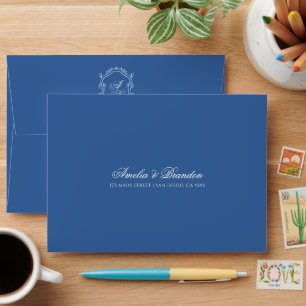 Blue Formal Monogram Crest & Script Wedding Envelope