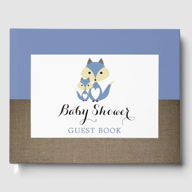 Blue Fox Burlap Baby Shower Guest Book (Front)