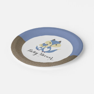 Blue Fox Burlap Baby Shower Paper Plate