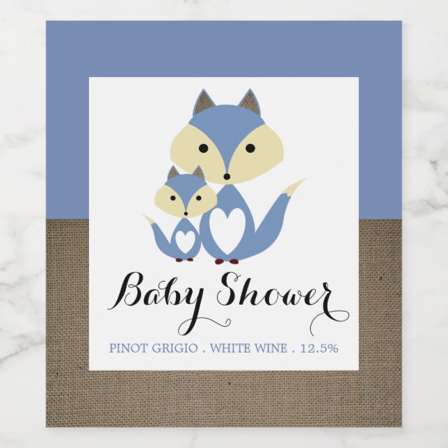 Blue Fox Burlap Baby Shower Wine Label (Single Label)