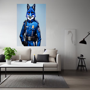 Blue fox in police uniform   AI Art Poster