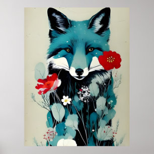 Blue Fox Red and White Flowers Poster