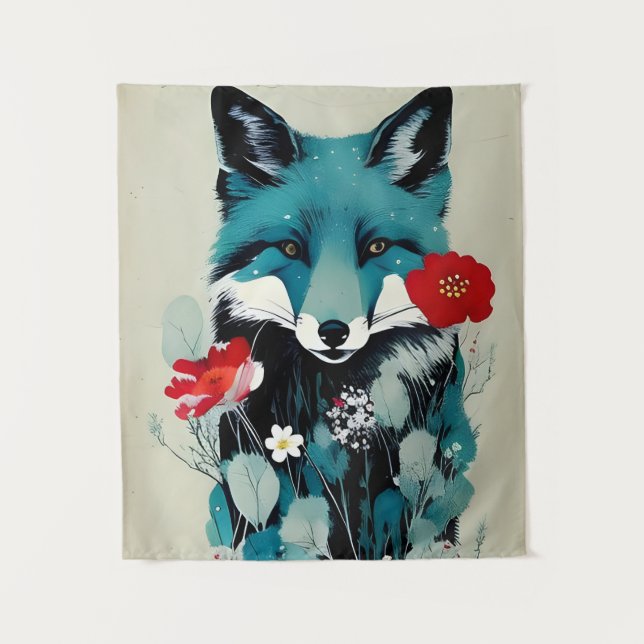 Blue Fox Red and White Flowers Tapestry (Front)
