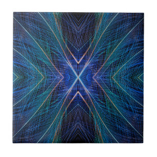 Blue Fractal Feather Design Ceramic Tile