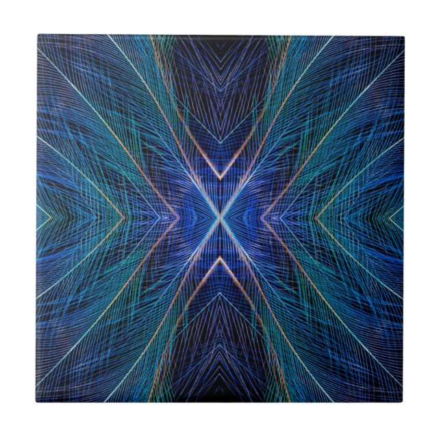 Blue Fractal Feather Design Ceramic Tile (Front)