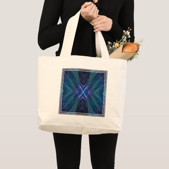 Blue Fractal Feather Design Large Tote Bag (Front (Product))