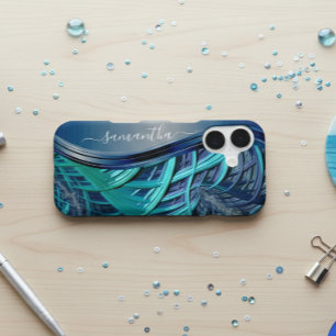 Blue Fractal Lines Metallic Handwritten Monogram