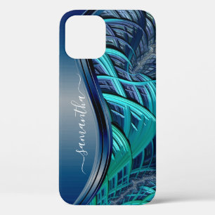 Blue Fractal Lines Metallic Handwritten Monogram iPhone 12 Case