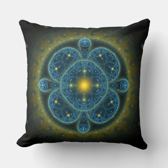 Blue fractal ornate pattern mandala cushion (Front)