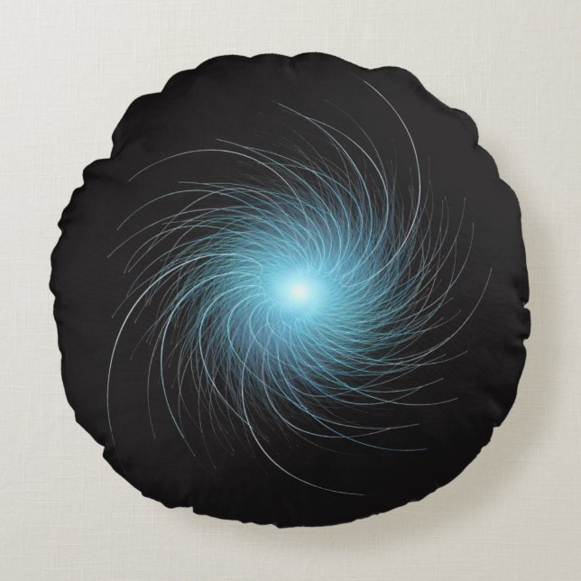 Blue Fractal Swirl on Black Round Cushion (Front)