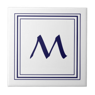 Blue Frame Monogram Letter M Minimalistic Ceramic Tile