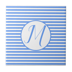 Blue Frame Monogram Letter M Stripes Ceramic Tile
