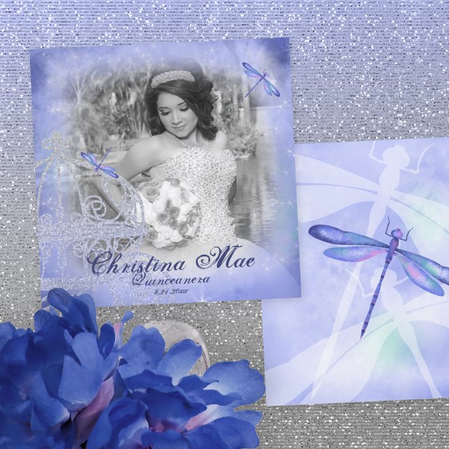 Blue Frame Quinceañera Photo Card (Light blue, dusty blue and silver horse carriage quinceanera invitation, whimsical blue dragonflies)