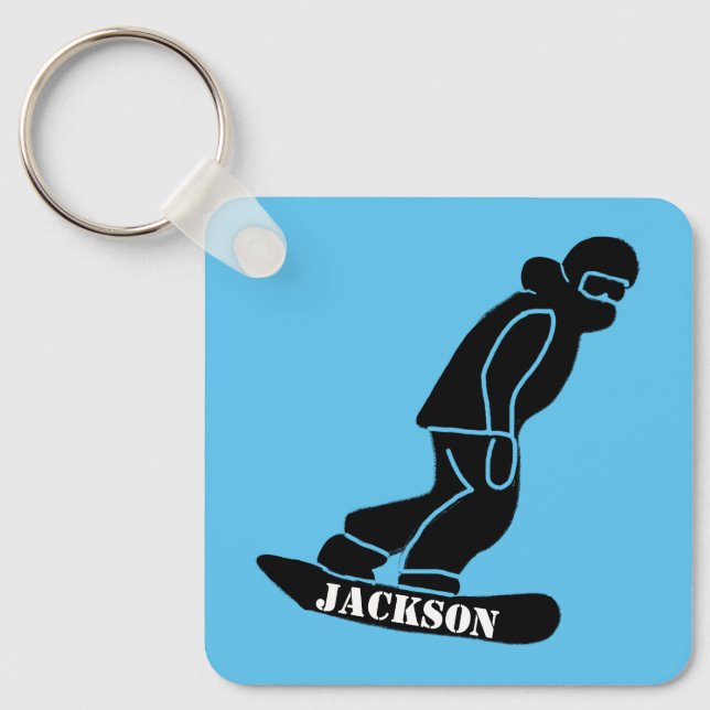 Blue Freeride Snowboarder Snowboarding Stencil Key Ring (Front)