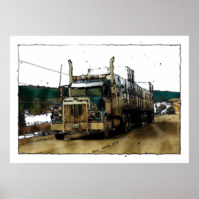 Blue Freight Truck Highway Driving Illustration Poster (Front)
