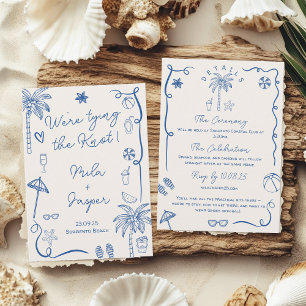 Blue French Beach Seaside Illustration Wedding Invitation
