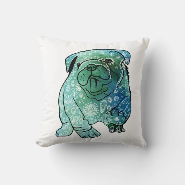 Blue French Bulldog Art Throw Cushion (Front)