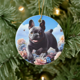 Blue French Bulldog & Flowers  Ceramic Ornament