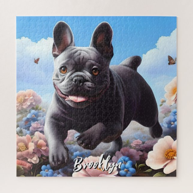 Blue French Bulldog & Flowers  Jigsaw Puzzle (Vertical)