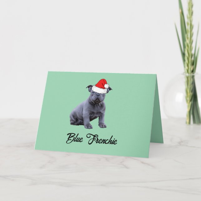 Blue French Bulldog Santa Hat Thank You Card (Front)
