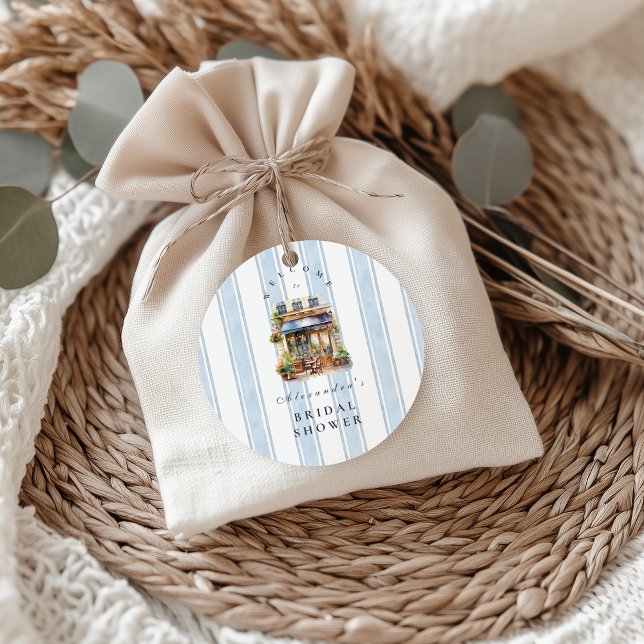 Blue French Cafe Bridal Shower Classic Round Sticker (Creator Uploaded)
