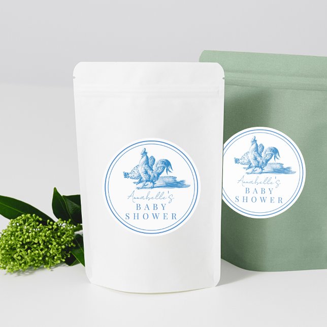 Blue French Country Farm Animal Boy Baby Shower Classic Round Sticker (Creator Uploaded)