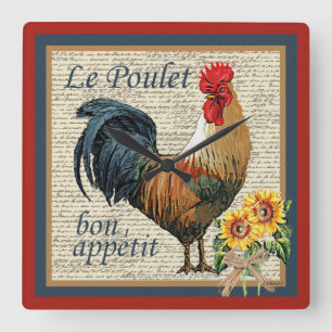 Blue French Country Kitchen Rooster Square Wall Clock