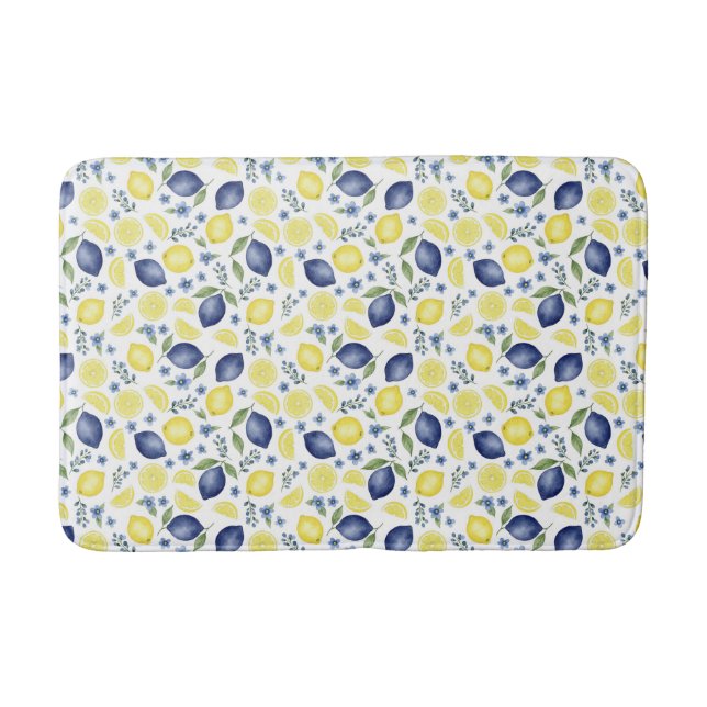 Blue French Country Lemon Pattern Bath Mat (Front)