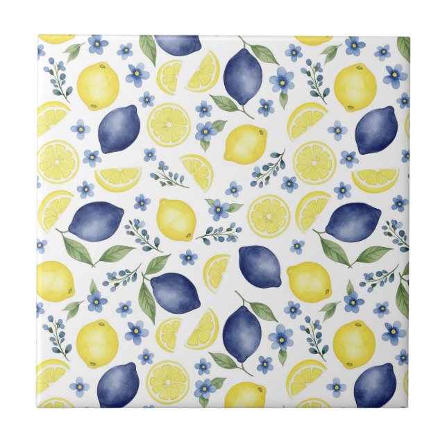 Blue French Country Lemon Pattern Ceramic Tile (Front)