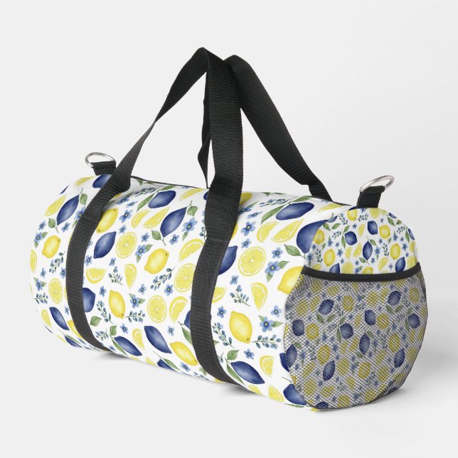 Blue French Country Lemon Pattern  Duffle Bag (Right Corner)