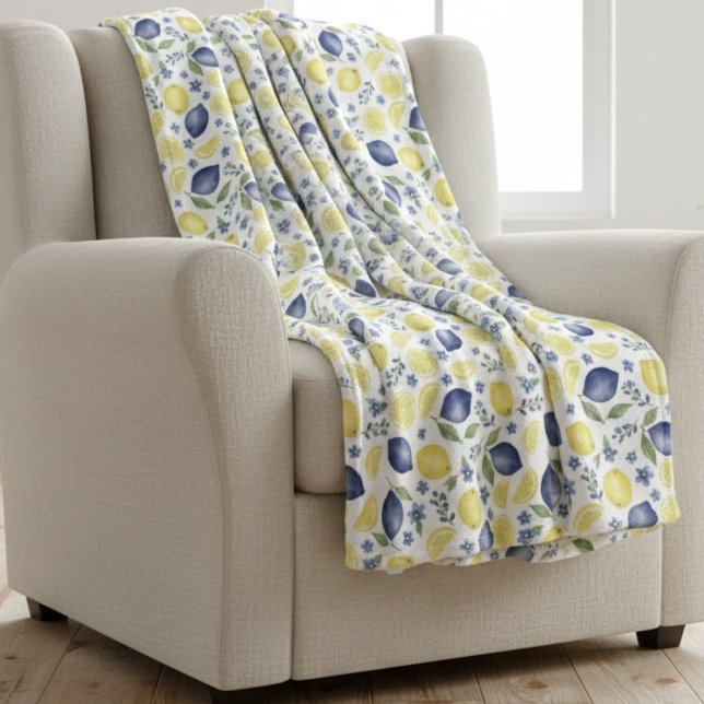 Blue French Country Lemon Pattern Fleece Blanket (Creator Uploaded)