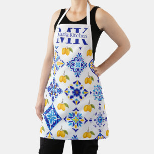 Blue French Country Lemon Pattern Monogram Name Apron