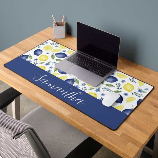 Blue French Country Lemon Pattern Monogram Name Desk Mat (Office 2)