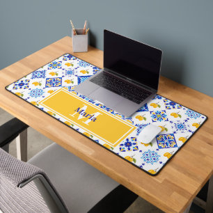 Blue French Country Lemon Pattern Monogram Name Desk Mat
