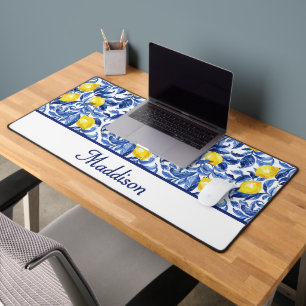 Blue French Country Lemon Pattern Monogram Name Desk Mat