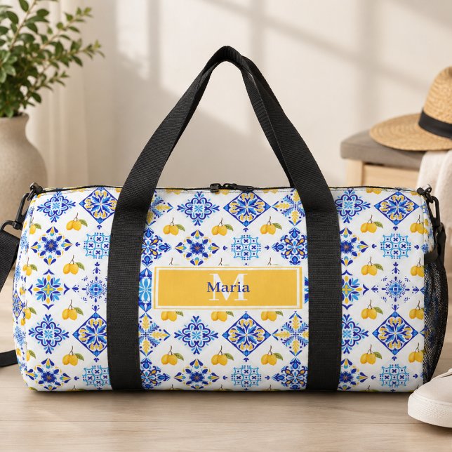 Blue French Country Lemon Pattern Monogram Name Duffle Bag (Creator Uploaded)