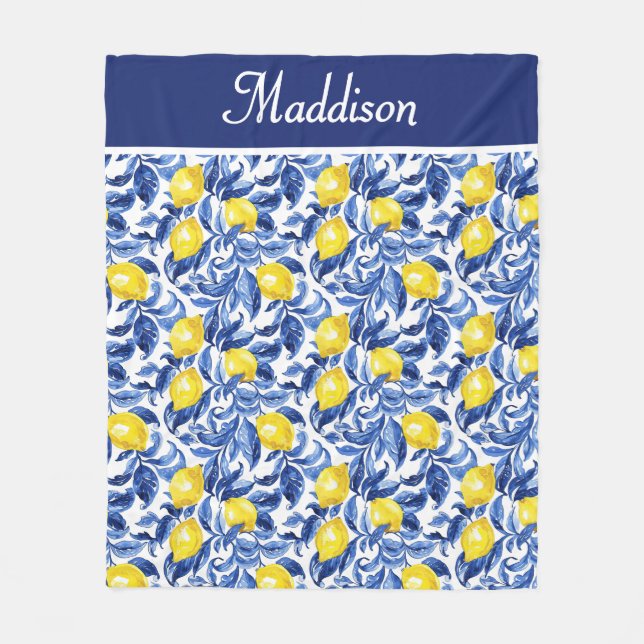 Blue French Country Lemon Pattern Monogram Name Fleece Blanket (Front)