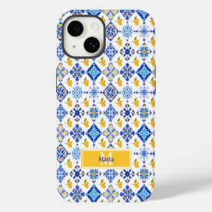 Blue French Country Lemon Pattern Monogram Name iPhone 14 Case