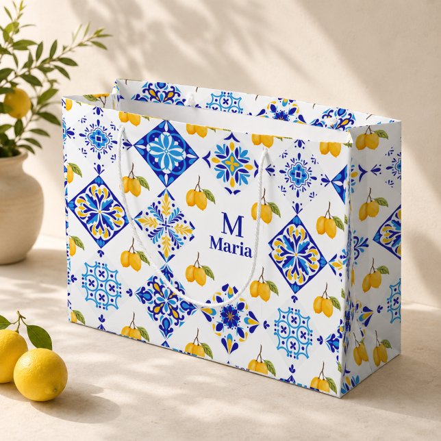 Blue French Country Lemon Pattern Monogram Name Large Gift Bag (Creator Uploaded)