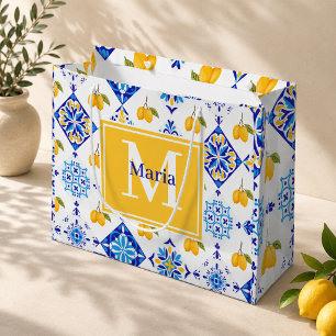 Blue French Country Lemon Pattern Monogram Name Large Gift Bag