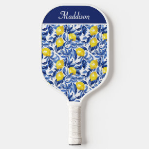 Blue French Country Lemon Pattern Monogram Name Pickleball Paddle
