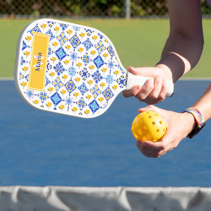 Blue French Country Lemon Pattern Monogram Name Pickleball Paddle