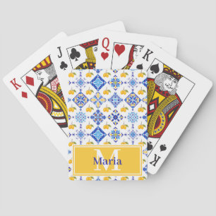 Blue French Country Lemon Pattern Monogram Name Playing Cards