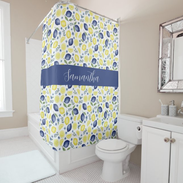 Blue French Country Lemon Pattern Monogram Name  Shower Curtain (In Situ)